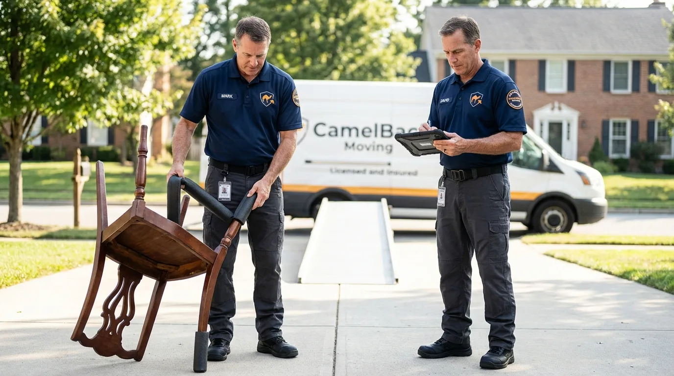 Movers inspecting furniture for damage prevention before loading in Jackson, LA