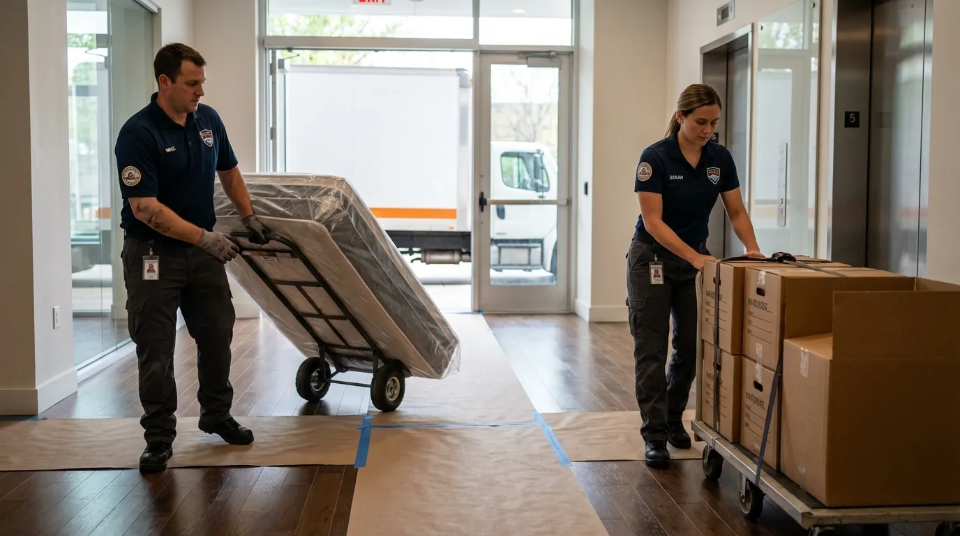 Professional apartment movers loading elevator in Jackson, LA